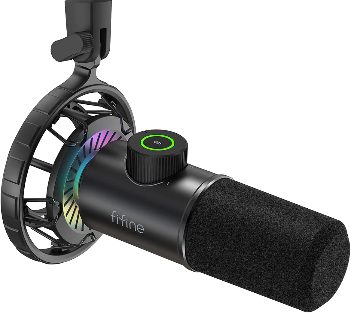 USB Gaming Microphone, FIFINE RGB Dynamic Mic for PC, with Tap-to-Mute Button, Plug & Play Cardioid Mic with Headphone Jack for Streaming, Podcast