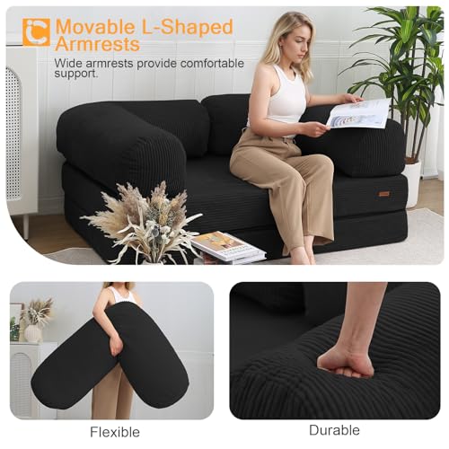 COMAX Folding Sofa Bed, Convertible Chair Bed Corduroy 3-in-1 Foldable Floor Couch with High-Density Foam, Futon Sofa Sleeper Mattress