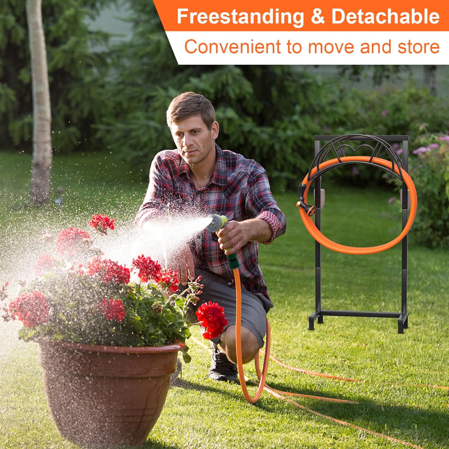 Garden Hose Holder, Freestanding Heavy Duty Water Hose Holder for Outside, Upgraded Metal Hose Stand with 4 Spikes