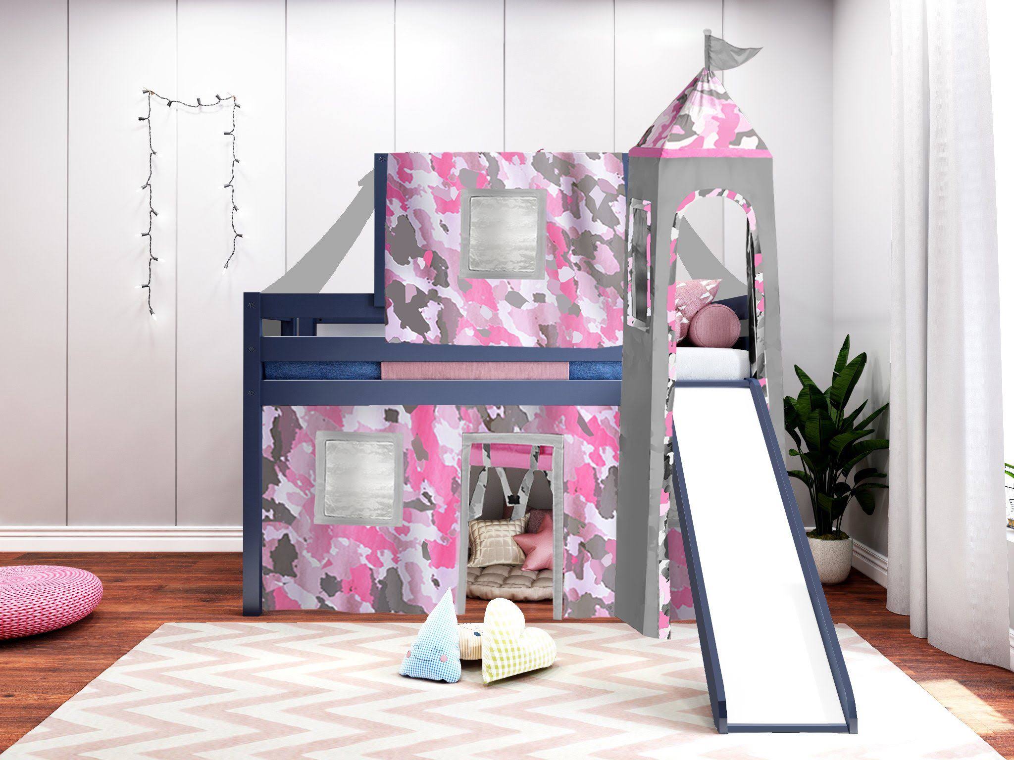 Jackpot! Princess Low Loft Twin Bed with Slide Pink Camo Tent and Tower, Blue