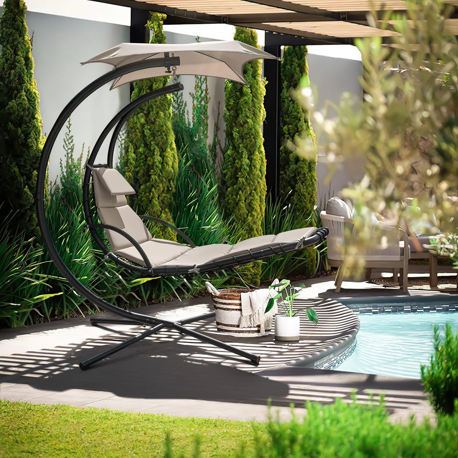 Vineego Outdoor Curved Hanging Chaise Lounge Chair Floating Chaise Lounger Patio Swinging Hammock w/Pillow, Removable Canopy & Steel, Beige