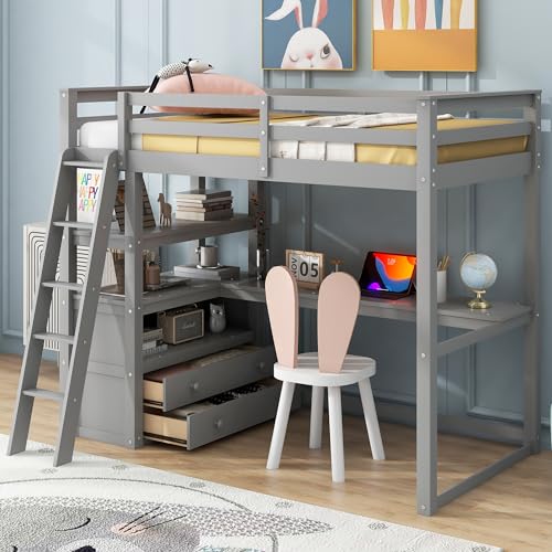 Full Size Loft Bed with Desk & Wardrobe, Solid Wood Kids Loft Bedframe w/3 Storage Drawers & 2 Shelves, Maximum Space Design, for Bedroom, Dorm, Gray