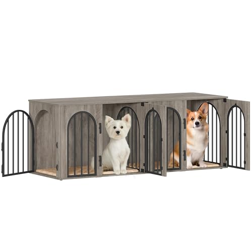 71" Dog Crate Furniture for 2 Dogs, Heavy Duty Indoor Dog Kennel TV Stand, XXL Wooden Dog Cage with Divider for Medium Large Dogs