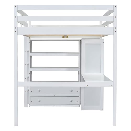 Harper & Bright Designs Full Size Loft Bed with Desk & Wardrobe, Wood Full Loft Bunk Bed with Storage Shelves and Drawers, No Box Spring Needed,White