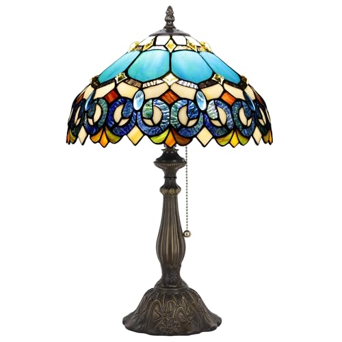 Tiffany Table Lamp Stained Glass Lamp 12X12X19 Inch Antique Reading Light (Sea Blue Pear)