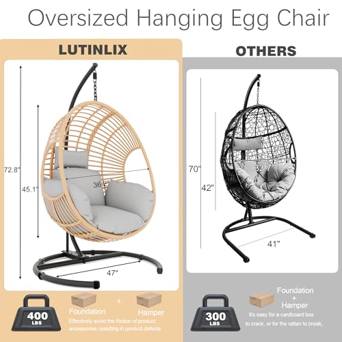 Oversized Hanging Egg Chair Outdoor Indoor, Wicker Swing Egg Chair with Stand 400lbs Capacity for Bedroom, Patio, Garden and Balcony (Beige-nest