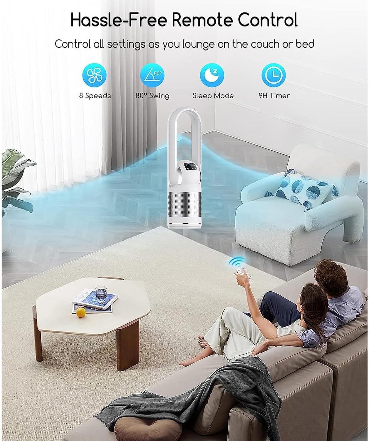 Bladeless Fan Air Purifier with Hepa Filter 99.97% Tower Fans Oscillating Quiet with Remote Heater And Fan Combo, for Bedroom, Kitchen, Office