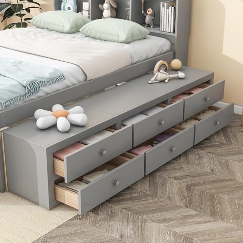 SOFTSEA Full Size Platform Bed with Storage, Platform Bed with Drawers and Bed End Case, Wood Platform Bed Frame with Storage Bookcase Headboard