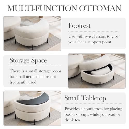 Aoiy & Wifon 42.2" W Oversized Swivel Barrel Chair with Ottoman, Upholstered Round Accent Chair with Storage Ottoman, Chenille, Beige