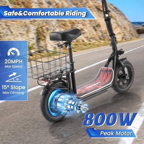 Caroma Peak 800W/1200W Electric Scooter Adults, 30 Miles Max Range, Foldable Electric Scooter with Seat, Front Suspension, Detachable Large Basket