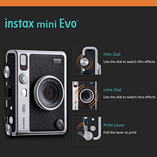 Fujifilm Instax Mini EVO Hybrid Instant Camera Black Bundle with Instax Mini Instant Film 20 Sheets, 32GB microSD Card
