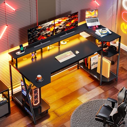 SEDETA Gaming Desk 70.8'' with LED Lights and Storage Shelves, Computer Desk with Monitor Stand, Power Outlets and Cup Holder, Large PC Gamer Desk