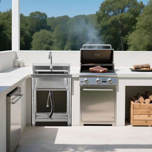Utility Sink Stainless Steel Free Standing Single Bowl Laundry Outdoor Commercial Kitchen Sink with Cold Hot Pipe for Bar, Garage, Restaurant
