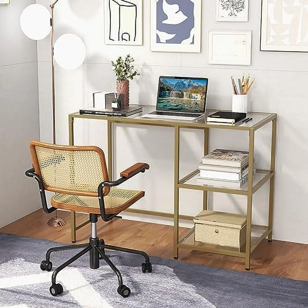 HJZBNONE Tempered Glass Computer Desk with 2-Tier  Shelves  Modern Computer Workstation  Vanity Makeup Table  Sturdy Metal Frame  Home Office Desk