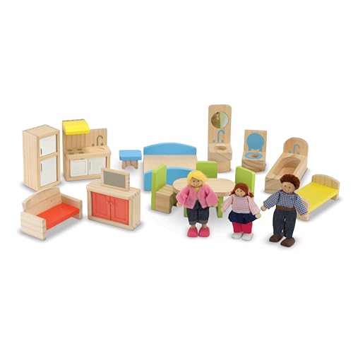 Melissa & Doug Hi-Rise Wooden Dollhouse with 15 pcs Furniture - Garage and Working Elevator
