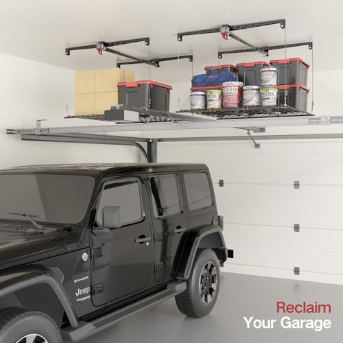 Overhead Garage Storage Rack, Heavy-duty 4x4 Ft Ceiling Storage Racks with Safety Lock
