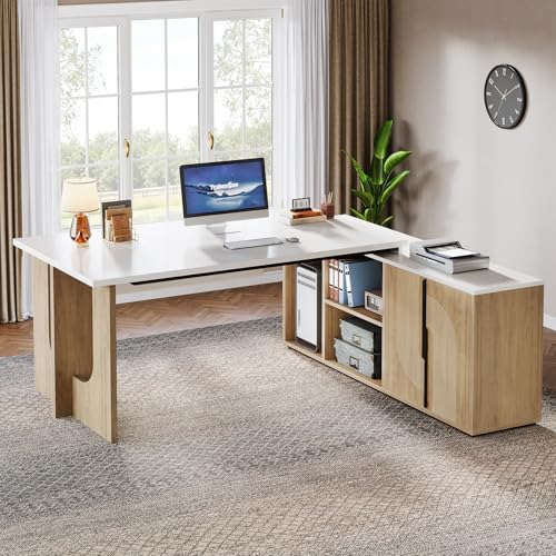 Tribesigns 74.8" Executive Desk, Large Office Desk with Cabinet, L Shaped Computer Desk with Shelves and CPU Storage
