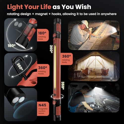 Work Light【AUTO ON/Off】 3000LM LED Magnetic Work Light bar 5200mAh Under Hood Work Light with Hooks