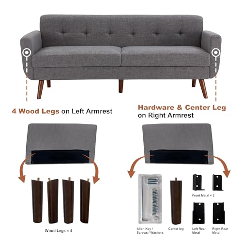 Tbfit L Shaped Couch Sofa, 80" W Mid-Century Modern Sectional Couches, 3 Seater Sofas with Wide Chaise Lounge & Two Pillows