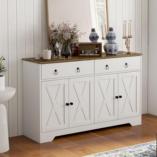 HOMCOM 48" Sideboard Buffet with Storage, Kitchen Storage Cabinet with 2 Drawers and 4 Barn Doors