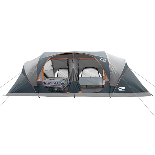 CAMPROS CP Tent 12-Person-Camping-Tents,3 Room Family Tents,Waterproof Windproof Family Tent with Top Rainfly,6 Large Mesh Windows,Double Layer