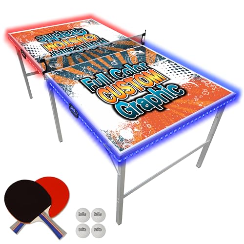 PartyLife 6 ft x 3 ft Ping Pong Table Tennis Table | Mid-Size Portable Folding Indoor Outdoor Ping Pong Table Tennis Table w/Optional LED Lights |