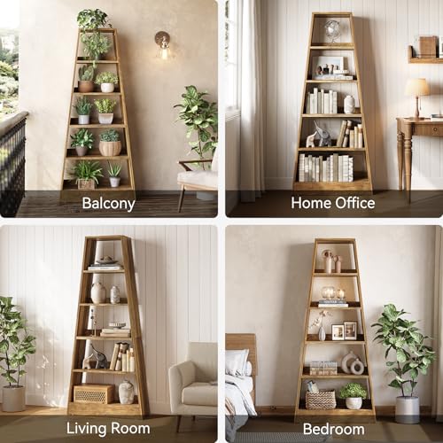 LITTLE TREE 6-Tier Bookshelf, 70.87-Inch Ladder Bookcase, Tall Standing Wooden Bookcase Display Shelf in Warm Umber Wood Finish