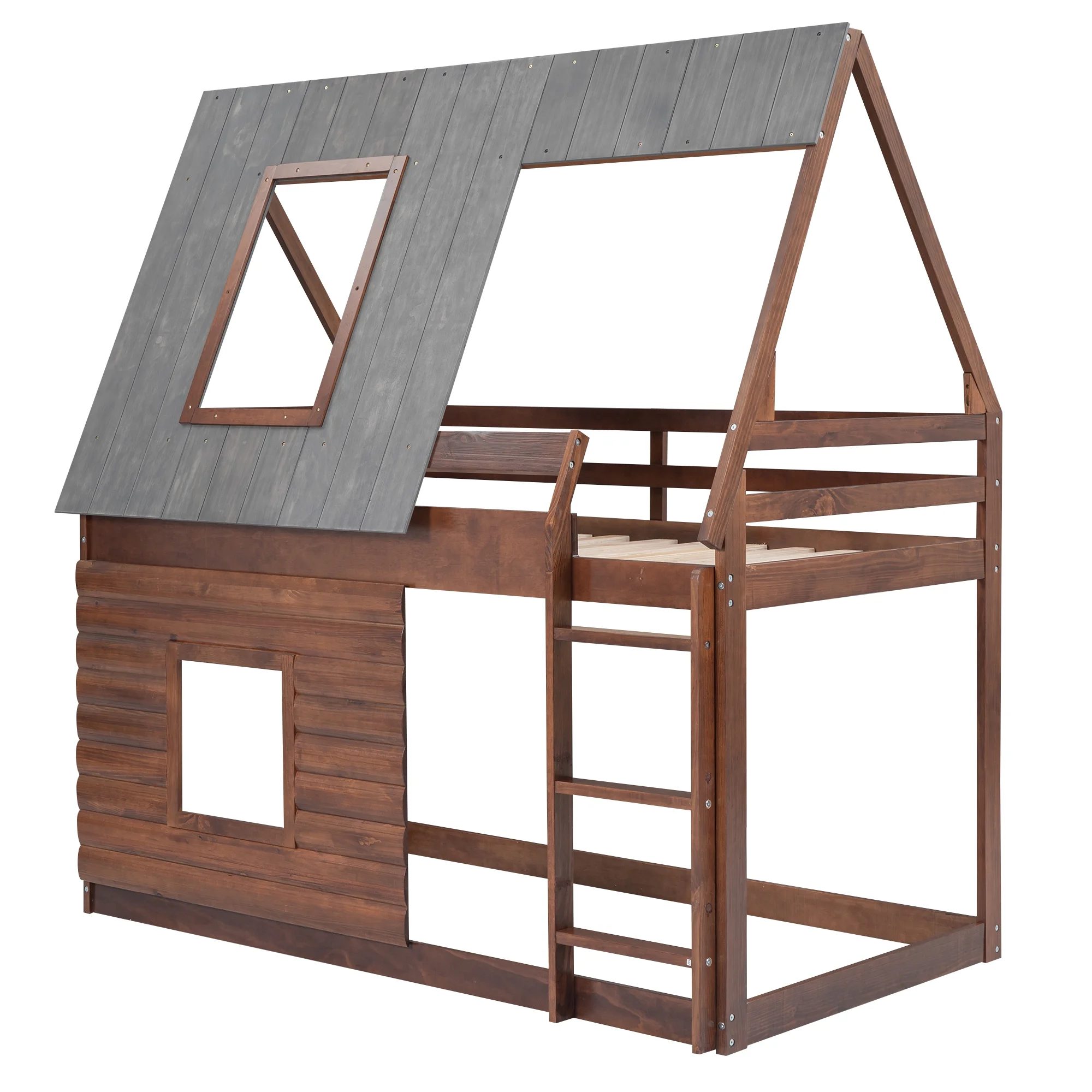 EUROCO Twin over Twin House Bunk Bed with Roof for Kids Bedroom, Grey