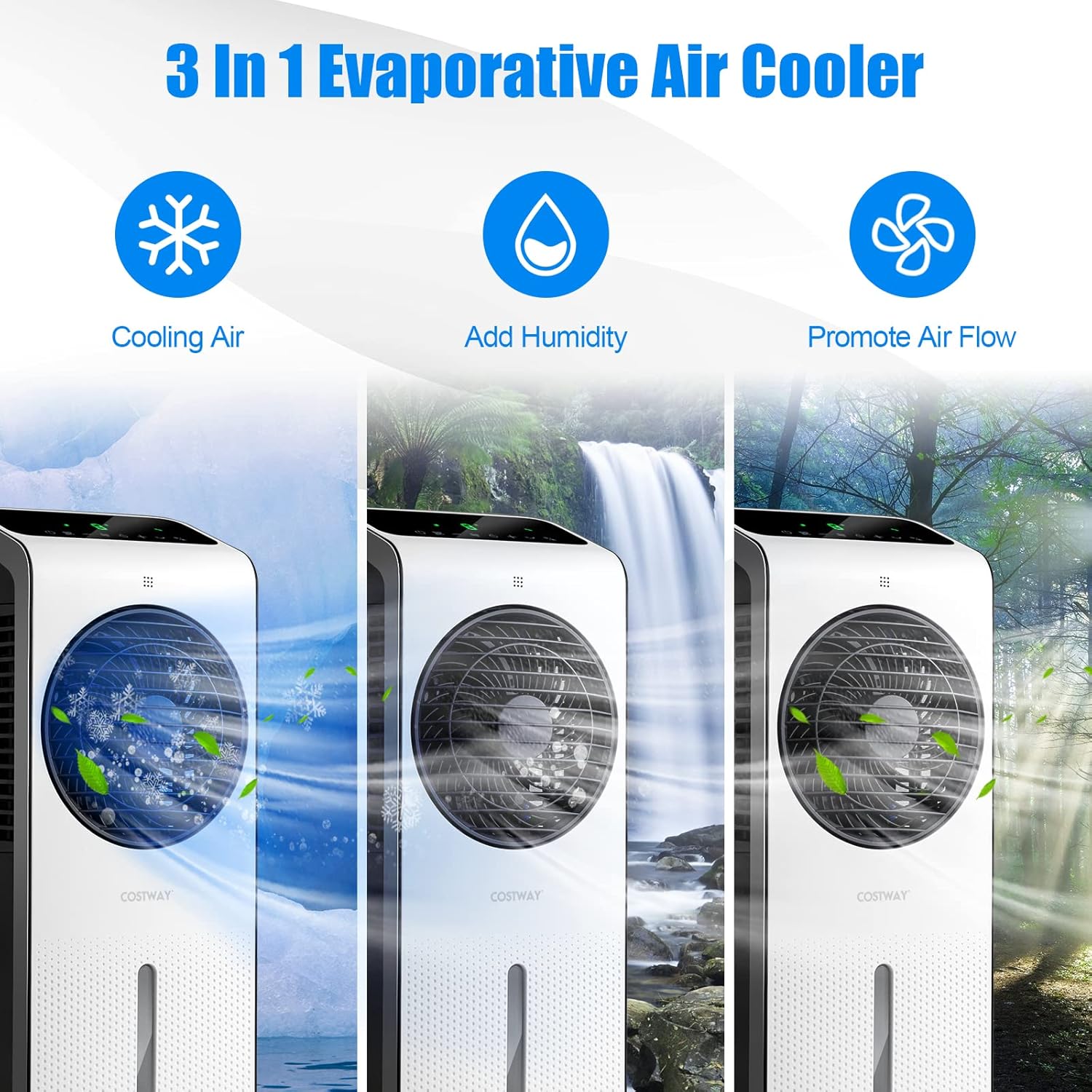 COSTWAY Portable Evaporative Air Cooler, 3-in-1 Swamp Cooler w/Remote Control, 360° Rotating Fan Blade, 3 Modes, 12H Timer, 2 Ice Packs