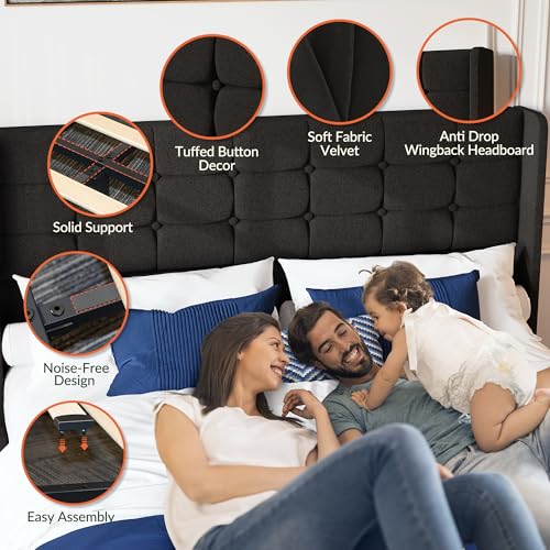 Queen Size LED Bed Frame with 4 Storage Drawers and Tufted Headboard Velvet Upholstered Platform Bed Frame Wingback Beds with Heavy Duty Wood Slats