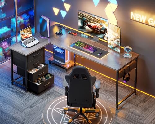 AODK L Shaped Gaming Desk with 4 Drawers, 61" Reversible Home Office Desks with Power Outlets