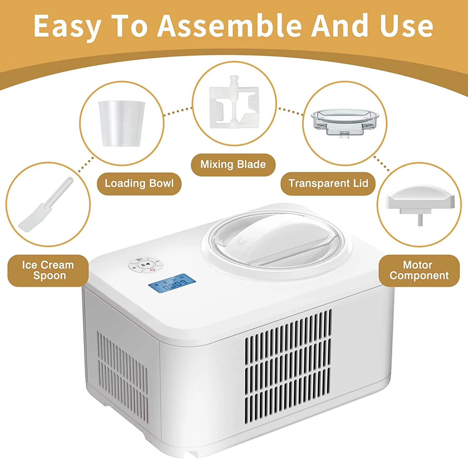Auseo 1.5qt Ice Cream Maker with Compressor，Electric Automatic Ice Cream Machine,20lbs