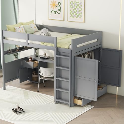 Harper & Bright Designs Twin Size Loft Bed with L-Shaped Desk and Stairs, Solid Wood Loft Bed Frame with Storage Drawers and Bookcase