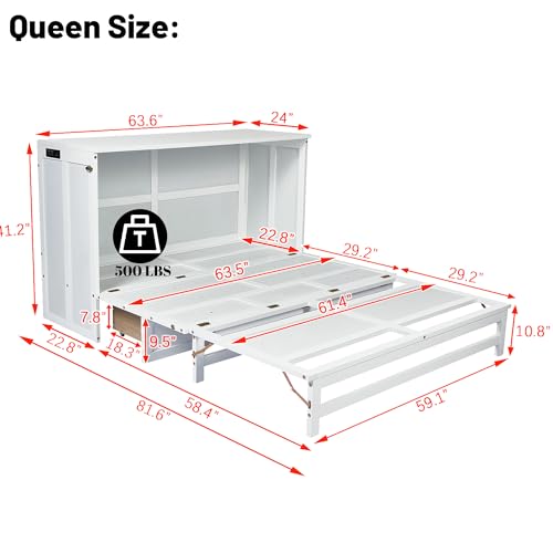 Queen Murphy Bed Cabinet, Murphy Bed Queen with Storage Drawer & Charging Station, USB Port, Solid Pine Wall Beds for Home Office