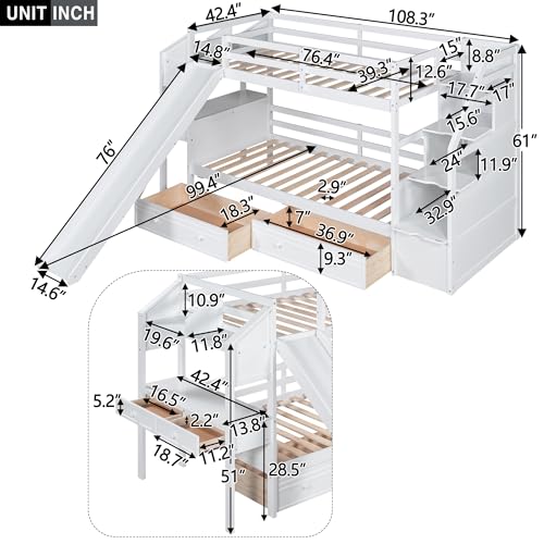 Harper & Bright Designs Bunk Beds Twin Over Full Size, Bunk Bed with Trundle,Storage Shelf and Stairway