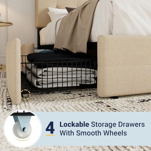 Allewie Upholstered Queen Size Platform Bed Frame with 4 Storage Drawers and Headboard, Square Stitched Button Tufted