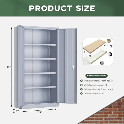 Greenvelly Metal Storage Cabinet, 72" Black Locking Metal Garage Storage Cabinet with Doors and 4 Adjustable Shelves