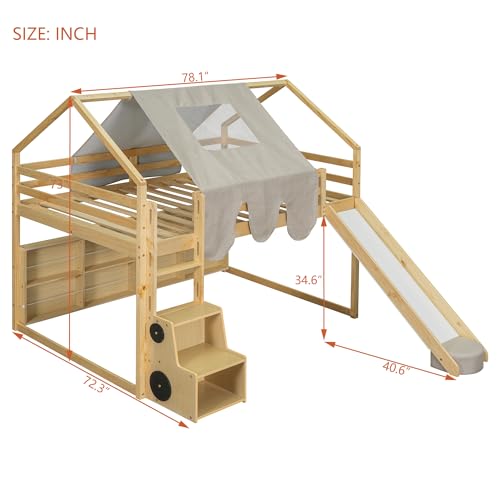 Harper & Bright Designs Kids Twin Low Loft Bed with Slide and Storage Shelves, Wood Playhouse Loft Bed Frame with a Tent & Stairs
