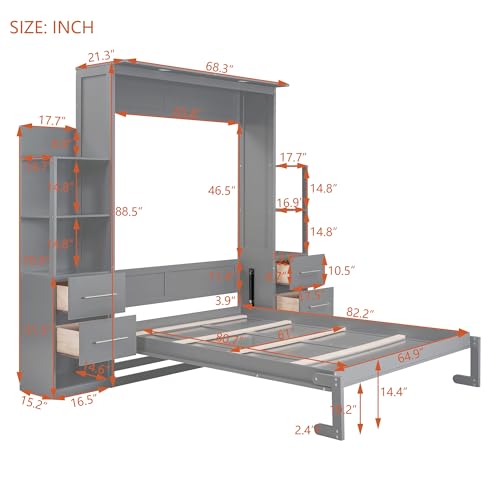 Harper & Bright Designs Full Size Murphy Bed Wall Bed with Storage Shelves, Drawers and LED Lights