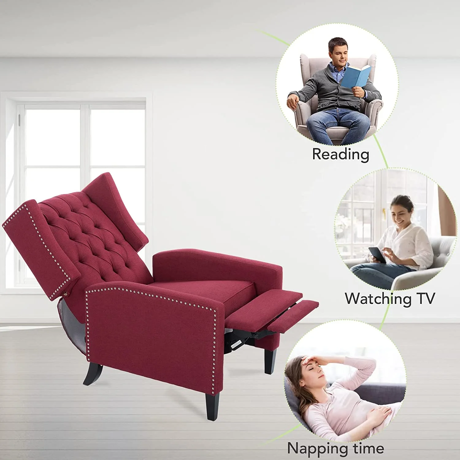 Wingback Recliner Tufted Fabric Recliner Traditional Classic Recliner Reading Armchair Push Back Arm Recliner Lounge Chair Study Living Room Bedroom