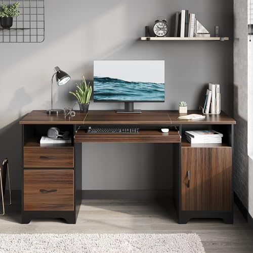 Bestier 59” Executive Desk with 2 Drawers, Computer Desk with Storage Cabinet, Industrial Wood Desk with File Drawer