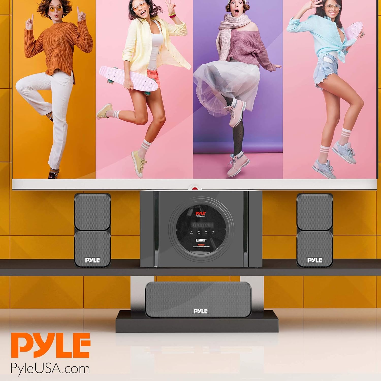 Pyle 5.1 Channel Home Theater Speaker System - 300W Bluetooth Surround Sound Audio Stereo Power Receiver Box Set w/ Built-in Subwoofer, 5 Speakers