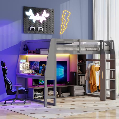 SOFTSEA Twin Gaming Loft Bed with Desk & LED Lights, Solid Wood Loft Bed with Storage Wardrobe and Shelves for Kids Teens