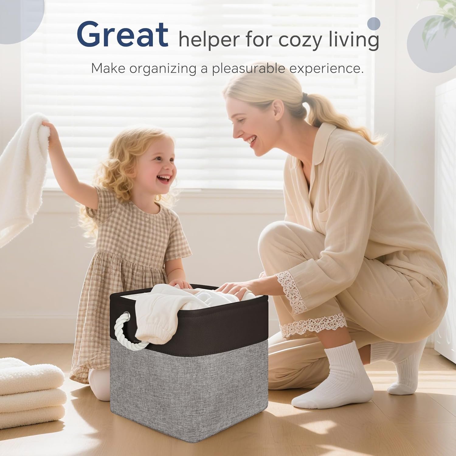 Fabric Cubes Storage Basket, 6 Pack 11x11 in with Handles Foldable Cube Storage Bins for Shelves, Home, Office, Nursery Organizers (Black/Gray)