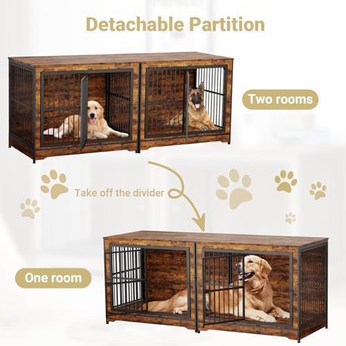 Rovibek 86" Stackable Dog Kennel Furniture with Removable Divider & 3 Doors, Double Dog Crates Furniture for 2 Dogs, Corner Dog Crate Furniture