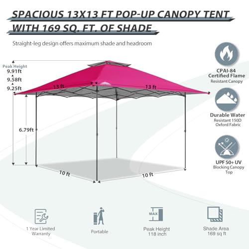 EAGLE PEAK 13x13 Straight Leg Pop Up Canopy Tent Instant Outdoor Canopy Easy Single Person Set up Folding Shelter w/Auto Extending Eaves 169 Square
