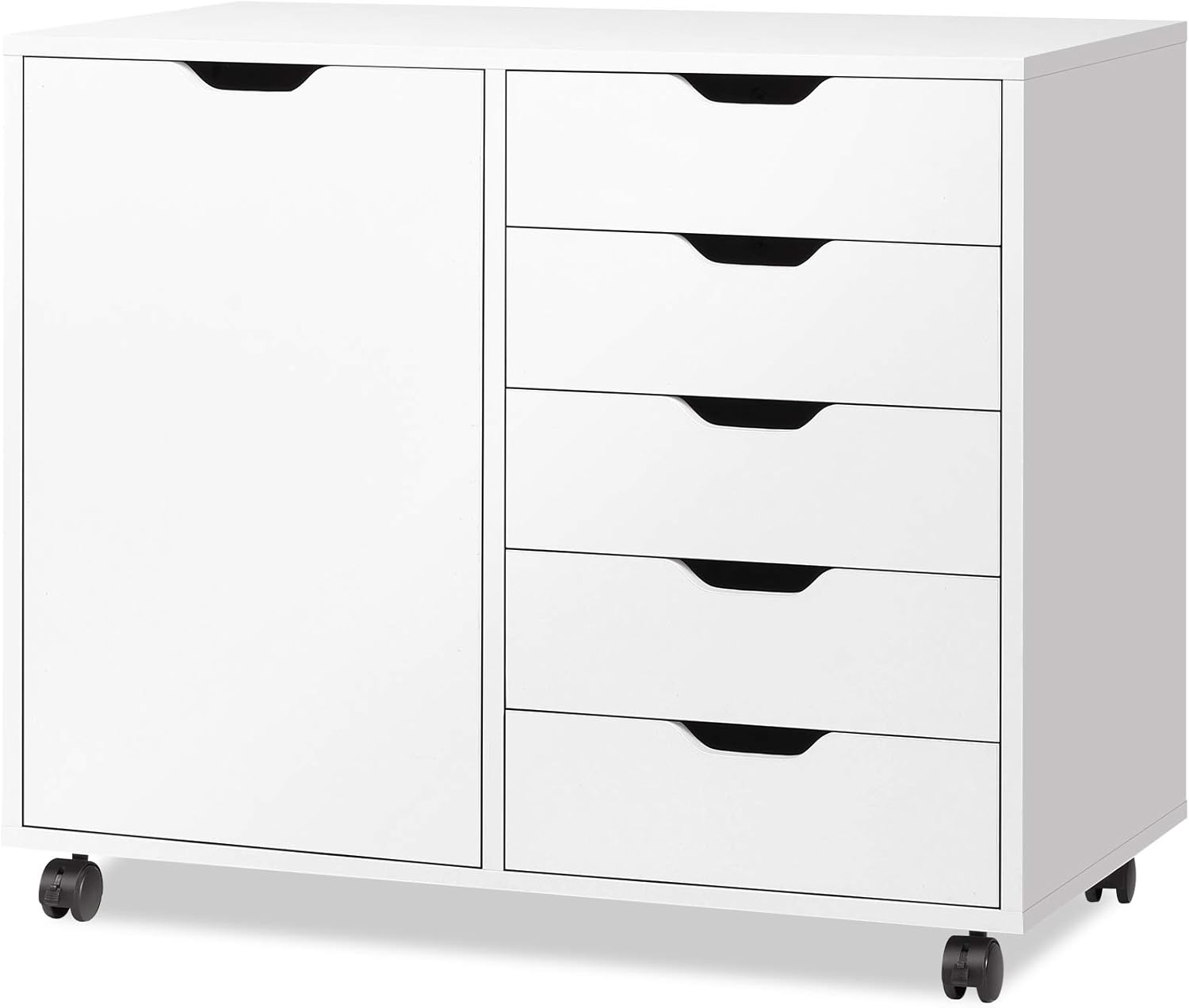 DEVAISE 5-Drawer Wood Dresser Chest with Door, Mobile Storage Cabinet, Printer Stand for Home Office, Black