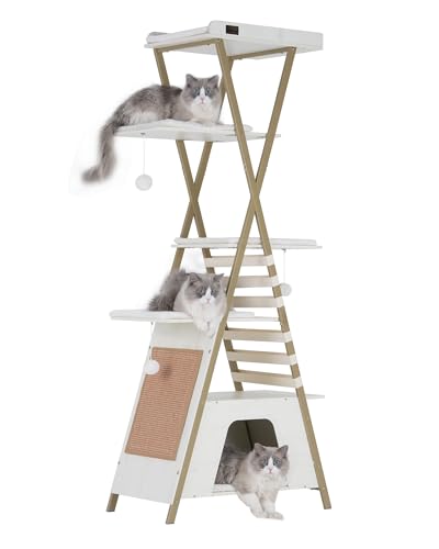 FourFurPets 72.4" Modern Cat Tower for Indoor Cats - Multi-Level Condo With Caves, Tall Tree With Scratching Board, Wooden Tower With Large Perch
