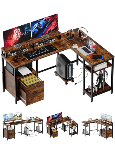L Shaped Computer Desk with FiIe Drawers, 67" Reversible Computer Desk, Home Office Desk with Power Outlets