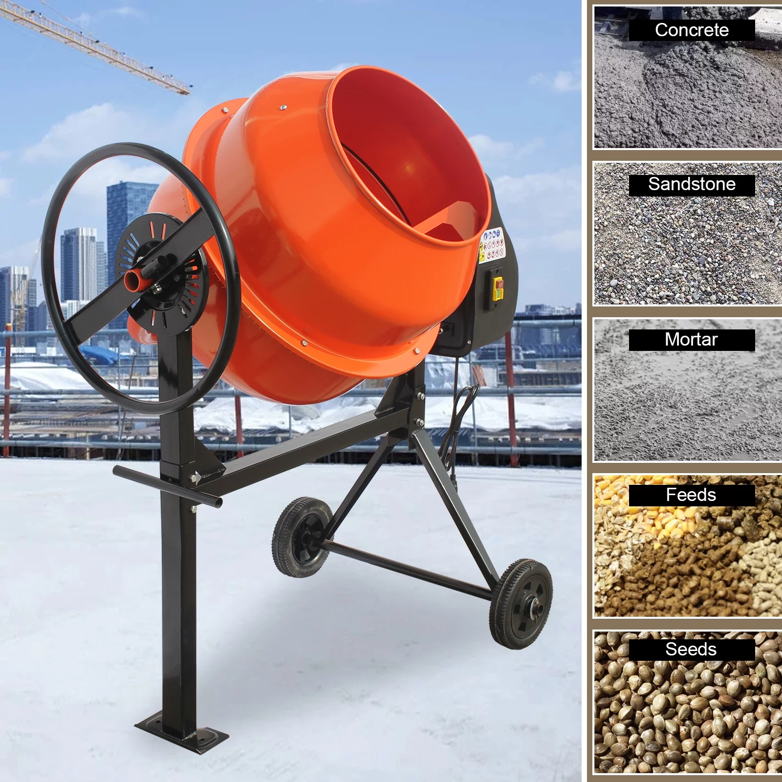 Oarlike 4/5HP Electric Concrete Cement Mixer 5 Cu Ft Mortar Mixing Stucco Seeds Portable Barrow Machine - Radiant Selections